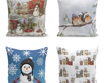 Winter Trend Pillow Cover, Christmas Holiday Pillow, Snowman Cushion Case, Cute Birds Pillow, New Year Gift, Rustic Farmhouse Decor