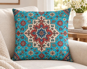 Turquoise Turkish Rug Pillow Cover, Tribal Boho Cushion, Vintage Decor