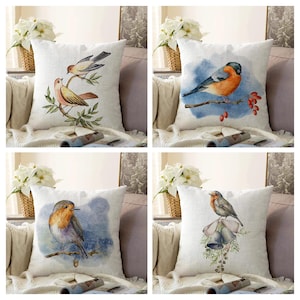 Bird on Branch Pillow Cover, Watercolor Bird Pillow Case, Blue Bird Cushion, Autumn Decor Pillow, Bell & Bird, Bird Decor, Housewarming Gift
