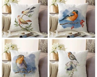 Funda de almohada con pájaro en rama, funda de almohada con pájaro en acuarela, cojín con pájaro azul, cojín con decoración otoñal, campana y pájaro, decoración con pájaros, regalo de inauguración de la casa