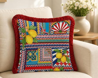 Sicilian Lemon Velvet Pillow Cover, Red Fringe Mediterranean Tile Patchwork Cushion, Italian Majolica Decor