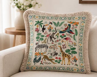 Fringed Tropical Animal Pillow Cover | Beige Velvet Safari Cushion | Boho Jungle Decor