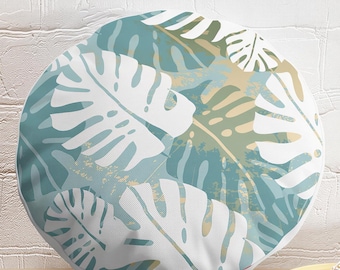 Turquoise Floral Round Pillow Cover: Abstract Gold Leaves, Beach House Decor