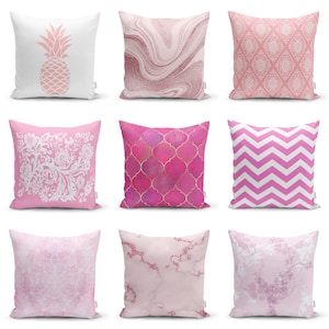 Pink Floral Pillow Cover, Pink White Geometric Cushion Case, Pink Marble Pillow, Velvet Euro Sham, Pink Home Decor, Outdoor Throw Pillow