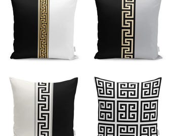 Greek Key Pillow Cover, Black White Gray Greece Key Cushion, Geometric Pillow Case, Black Gold Greek Key Pillow, Greek Gift, Velvet Pillow