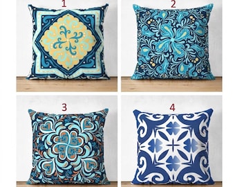 Funda de almohada mediterránea, funda de cojín de mosaico de terciopelo azul, decoración de azulejos bohemios