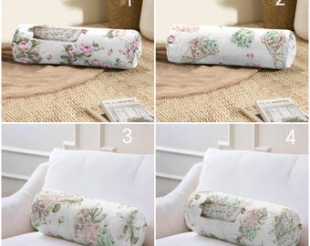 Floral Bolster Pillow for Bed, Vintage Neckroll Pillow, Flower Long Pillow, Bedroom Cottage Core Decor, Window Seat Cushion, Teal  Bolster