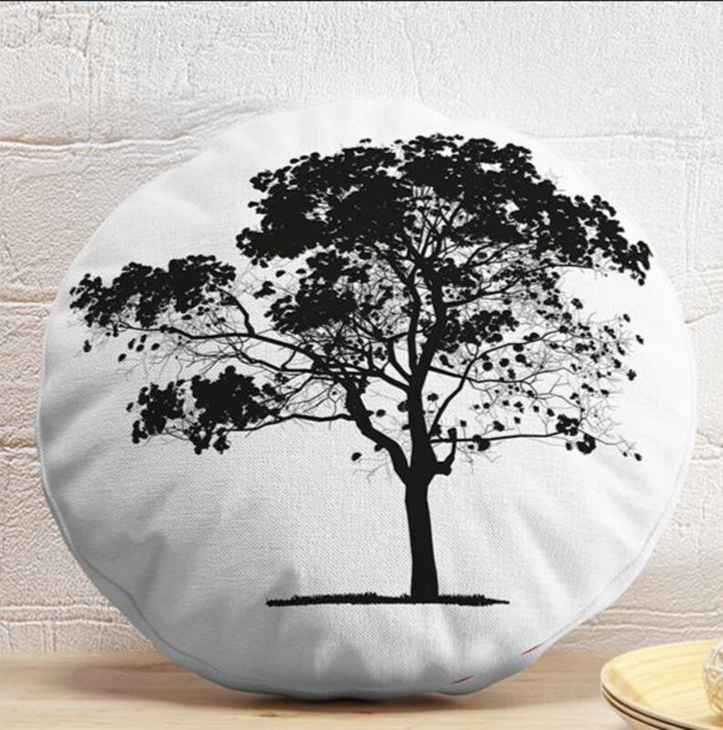 Pillo Tree Palm Tree Round Pillow Cover, Black White Tree Circle Cushion, Modern ...
