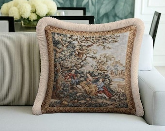 Fringed Tapestry Pillow Cover - Vintage Pastoral Garden Scene, French Country Shabby Chic Style, Beige Fringe Trim