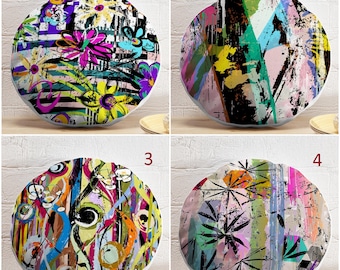 Multicolor Abstract Round Pillow Cover & Insert, Colorful Boho Circle Cushion, Watercolor Floor Pillow, Vibrant Living Room Decor