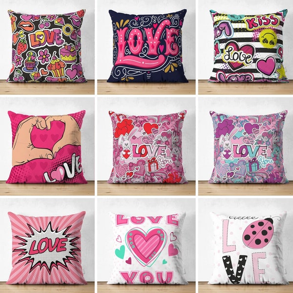 Cute Love Throw Pillow Case, Valentines Cushion Cover, I Love You Gift, Heart Bed Pillows, Kids Room Cushion, First Date Gift, Gift for Him