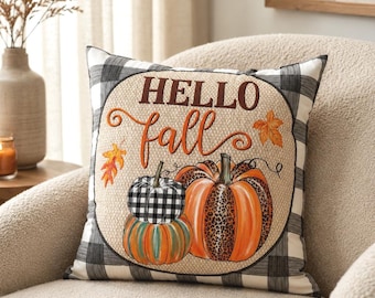 Hello Fall Pumpkin Pillow Cover, Velvet Cushion Cover Purple Orange Buffalo Plaid