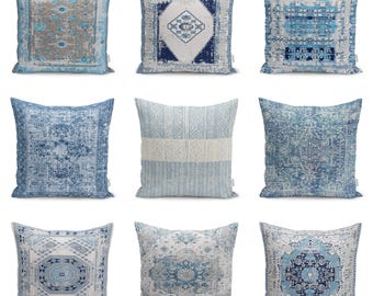 Blue Kilim Velvet Pillow Cover, Boho Tribal Cushion Case, Distressed Turkish Throw Pillow, Vintage Oriental Sofa Decor, Rustic Farmhouse