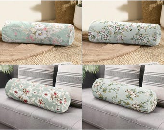 Floral Bolster Pillow for Bed, Vintage Neckroll Pillow, Flower Long Pillow, Bedroom Cottage Core Decor, Window Seat Cushion, Teal  Bolster