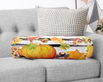 Autumn Bolster Pillow Cover, Pumpkin Maple Leaf Cylinder Print, Farmhouse Fall Home Decor