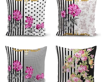Black and White Striped Floral Pillow Case, Pink Floral Cushion Cover, Polka Dot Throw Pillow, Vintage Flower Home Decor, Housewarming Gift