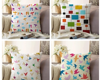 Colorful Birds Pillow Cover, Velvet Bird Silhouette Throw Pillow