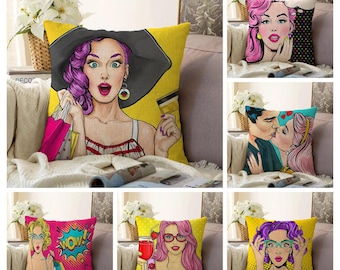 Retro Pop Art Girl Pillow Cover, Woman Illustration Cushion Case, Funny Colorful Throw Pillow, Contemporary Pop Art Decor, Gift for Her