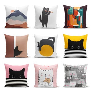 Abstract Black Cat Pillow Cover, Cute Cat Illustration Cushion Cover, Abstract Animal Pillow, Modern Art Cat Pillow Case, Any Size Pillow