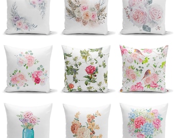 Watercolor Rose Velvet Pillow Cover, Botanical Floral Cushion, Shabby Chic Decor