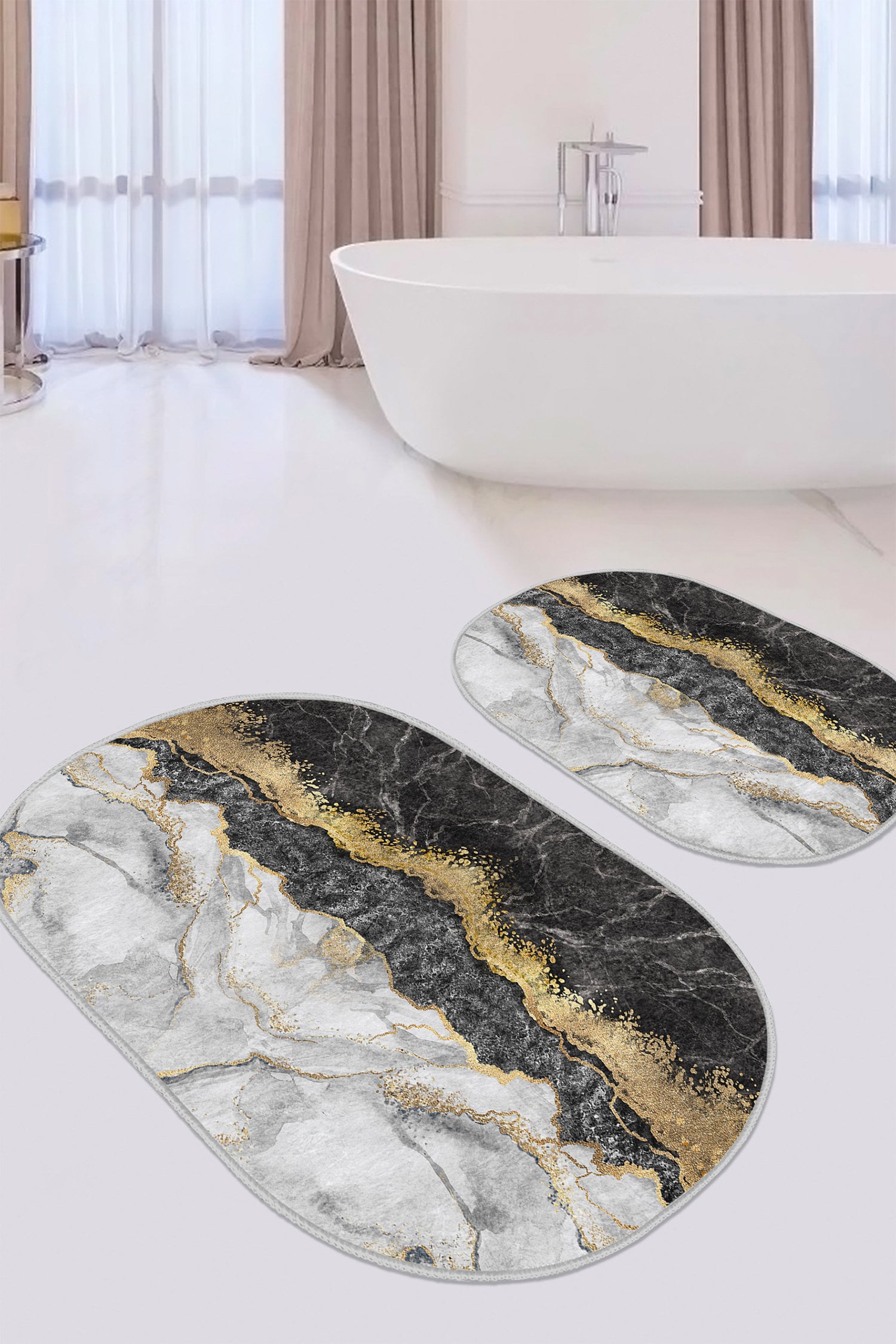 Set of 2 Marble Bath Mat, Black Gold Bath Rug, Nonslip Bath Mat Set