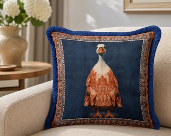 Goose Pillow Cover with Fringe, Boho Rug Pattern Cushion, Navy Blue Terracotta Eclectic Decor