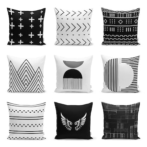 Minimalist Abstract Pillow Case, Boho Mid Century Modern Throw Pillow Cover, Black & Off White Contemporary Cushion Cover, Living Room Decor