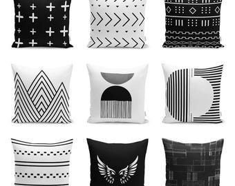 Minimalist Abstract Pillow Case, Boho Mid Century Modern Throw Pillow Cover, Black & Off White Contemporary Cushion Cover, Living Room Decor