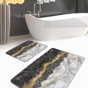 Set of 2 Marble Bath Mat, Black Gold Bath Rug, Non-slip Bath Mat Set ...