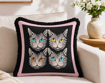 Fringed Cat Pillow Cover, Black & Pink Cushion, Colorful Eyes Cat Face Art, Quirky Decor