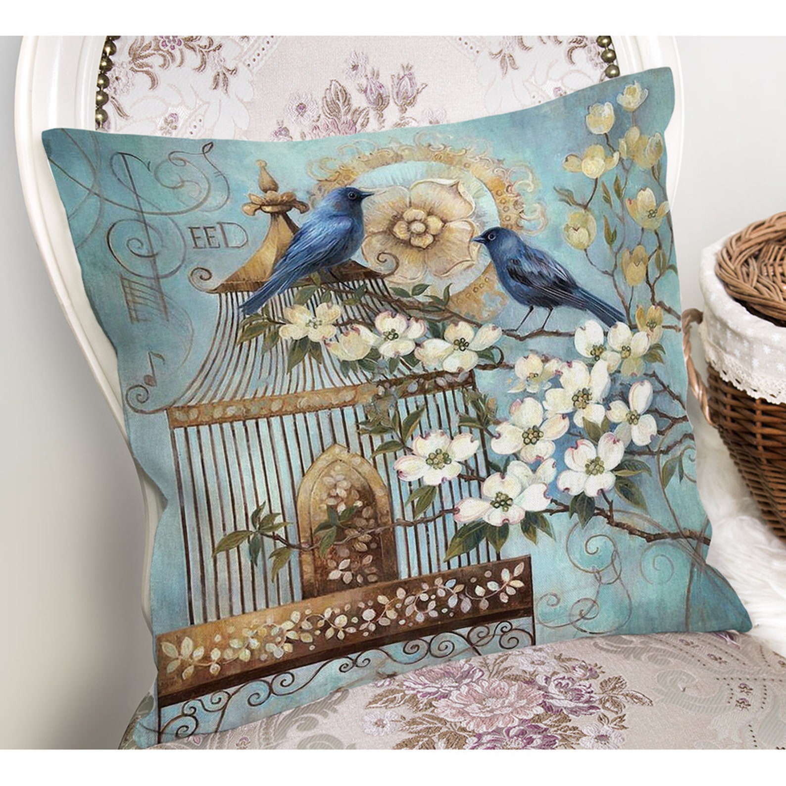 Blue Bird Pillow Cover Birds in Cage Throw Pillow Cover Etsy