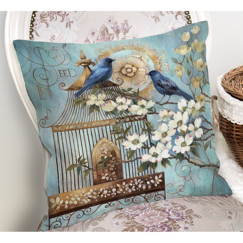 Blue Bird Pillow Cover Birds in Cage Throw Pillow Cover Etsy