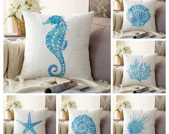 Sea Animals Pillow, Blue Sea Horse Sea Shell Starfish Cushion, Coastal Throw Pillow, Under the Sea, Marine Animals Decor, Navy Beach Pillow
