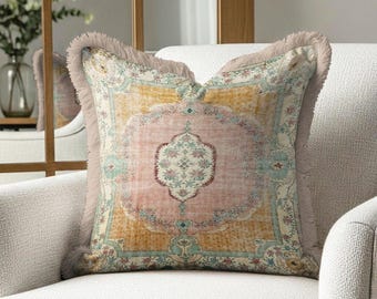 Vintage Rug Print Fringed Pillow Cover, Pink Gold Medallion Boho Home Decor
