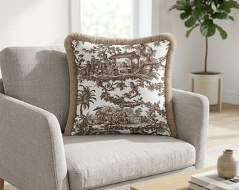 Brown Toile Pillow Cover with Fringe, French Country Chinoiserie Cushion, Vintage Pastoral Scene