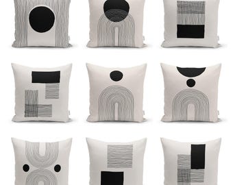 Minimalist Abstract Pillow Cover, Boho Mid Century Modern Pillow Case, Black & Off White Cushion Cover, Line Art Cushion, New Home Gift