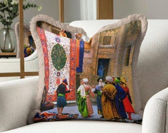 Orientalist Bazaar Scene Fringe Pillow Cover, Vintage Market Art Cushion, Red Blue Boho Home Decor