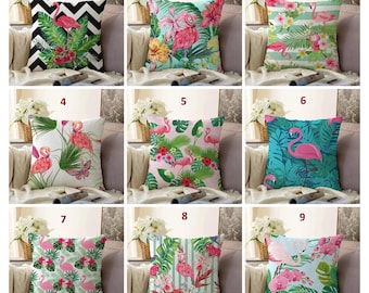 Flamingo Pillow Cover, Tropical Palm Leaf Design, Pink Coral Green Velvet, Boho Coastal Decor