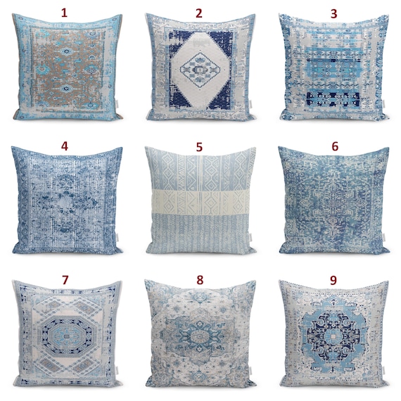 Blue Vintage Rug Pillow Cover, Distressed Turkish Kilim Style, Velvet, Boho Farmhouse Decor