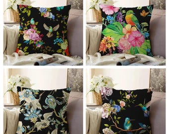 Floral Bird Black Velvet Throw Pillow Cover, Bohemian Flowery Pillow Cover, Boho Floral Pillow, Berber Cushion, French Country Home Decor