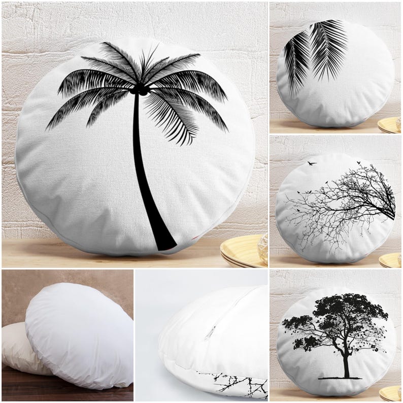 Pillo Tree Palm Tree Round Pillow Cover, Black White Tree Circle Cushion, Modern ...