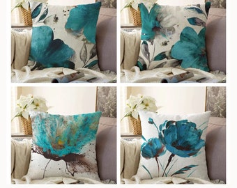 Turquoise Floral Pillow Cover, Turquoise Flower Pillow Case, Decorative Cushion Case, Turquoise Throw Pillow, Farmhouse Decor, New Home Gift