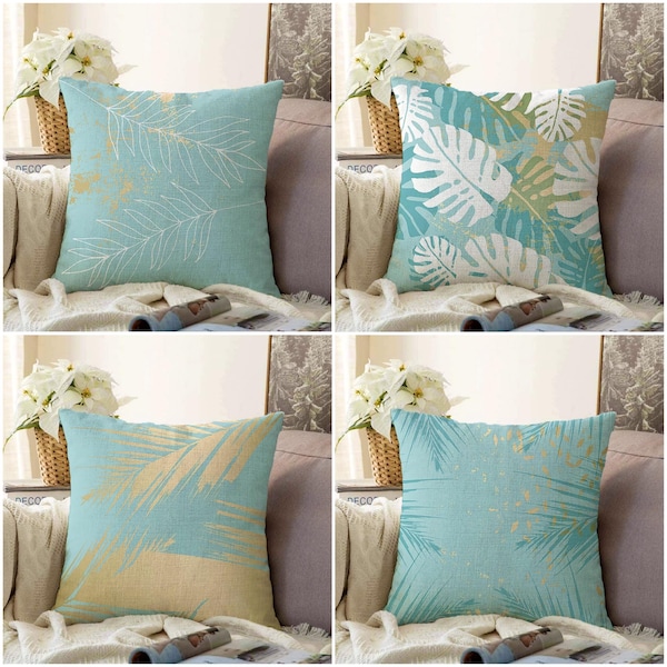 Federa per cuscino in velluto con motivo floreale turchese: foglie dorate astratte, arredamento per casa sulla spiaggia