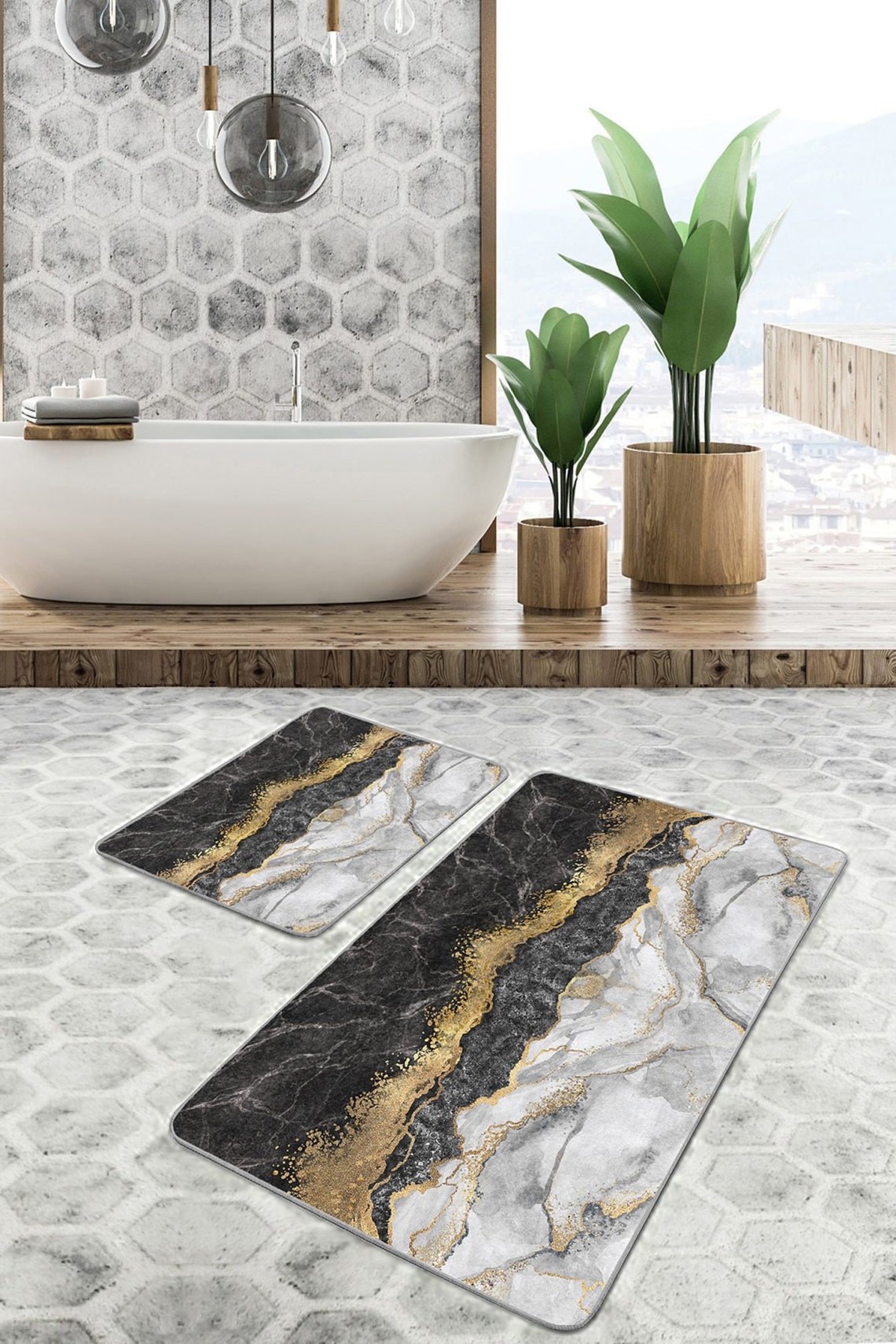 Set of 2 Marble Bath Mat, Black Gold Bath Rug, Nonslip Bath Mat Set, Modern Bathroom Decor