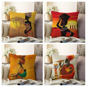 African Woman Pillow Covers, Ethnic Black Girl Cushion Cases, Oil Painting Print Pillow, Authentic Pillow Case, Traditional Pillow Shams