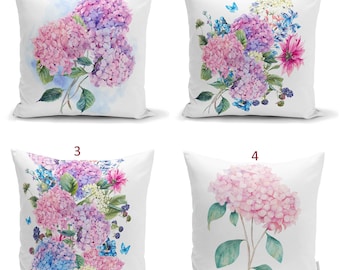 Hydrangea Floral Cushion Cover, Pink Purple Blue Watercolor Flower Throw Pillow Case, Soft Velvet Decorative Pillow