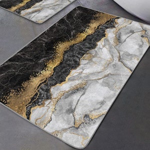 Set of 2 Marble Bath Mat, Black Gold Bath Rug, Non-slip Bath Mat Set ...