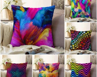 Colorful Abstract Throw Pillow Cover, Vibrant Modern Art Cushion Case, Rainbow Decorative Pillow, Bold Pattern Sofa Pillow, Home Gift Idea