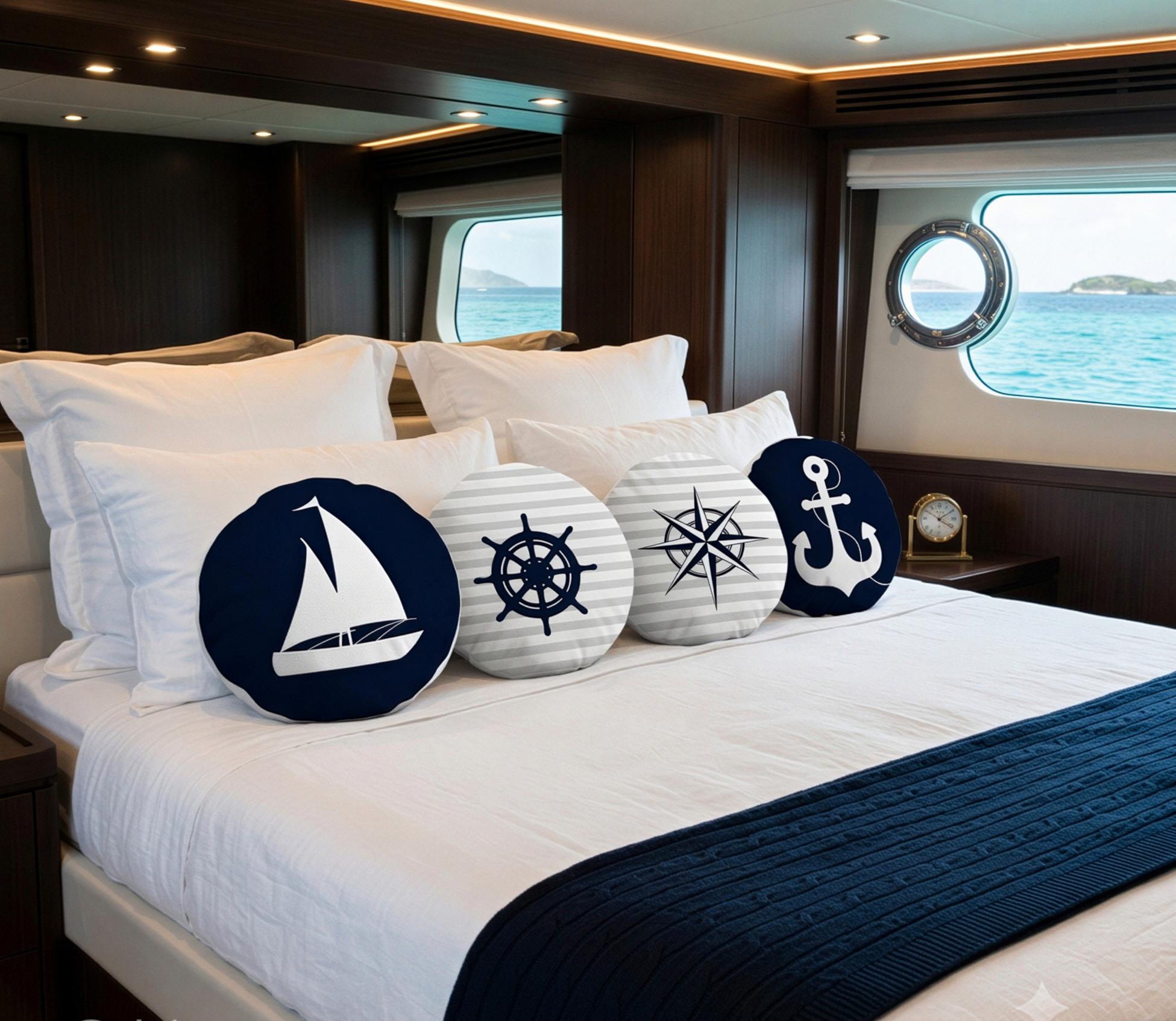 Nautical Round Velvet Pillow Cover, Navy Blue Anchor Cushion, Coastal Yacht Decor