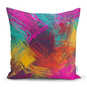May include: A colourful throw pillow with an abstract design featuring bright yellow, pink, red, blue, and teal brushstrokes.